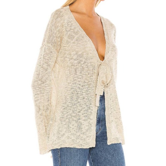 Majorelle Oatmeal Sandra Lurex Knit Front Tie Lightweight Sweater Cardigan - Picture 2 of 9